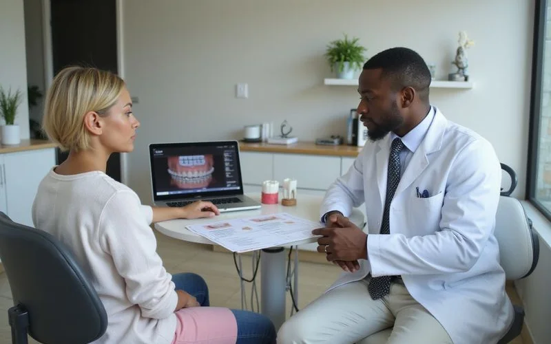 An adult patient trying on a clear aligner tray during an orthodontic consultation