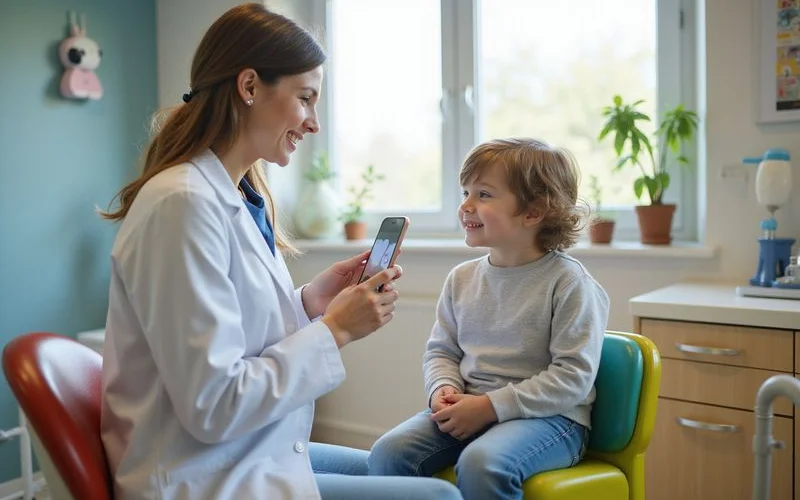A pediatric dentist kneeling to speak calmly with a young child before a checkup, with a parent nearby