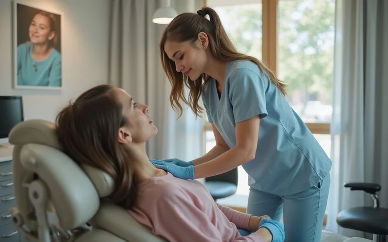 A dentist speaking calmly with a visibly nervous patient before beginning a procedure
