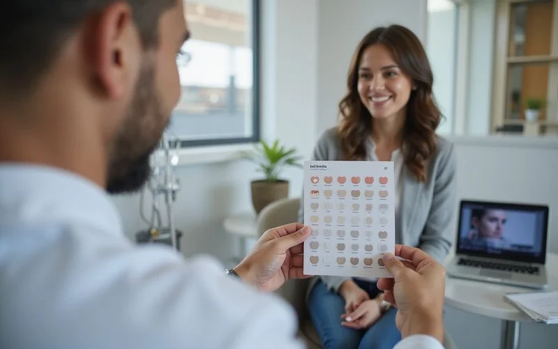 A cosmetic dentist showing a patient a treatment plan with before and after photos during a consultation