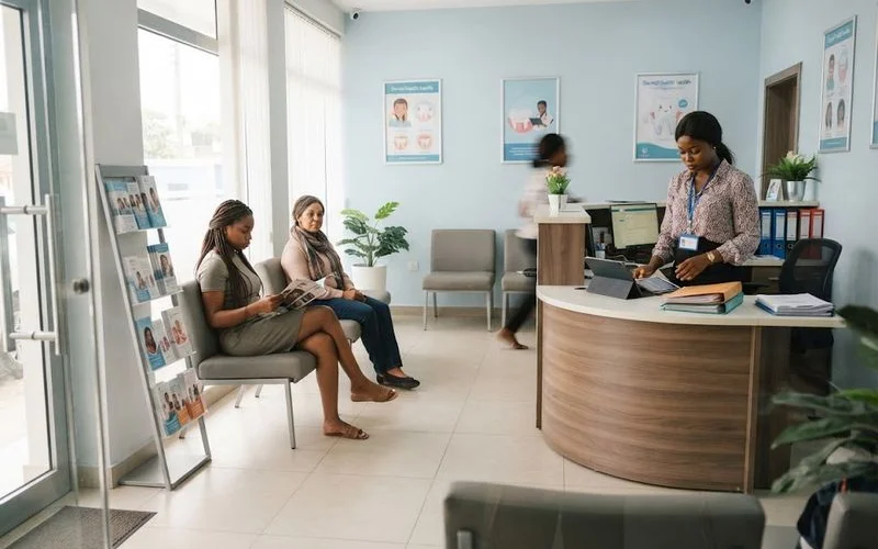 A dentist's office reception area in Ghana with a patient checking in at a front desk, representing how the directory tracks real clinics