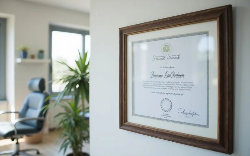 A framed professional registration certificate displayed on a wall inside a dental clinic reception area