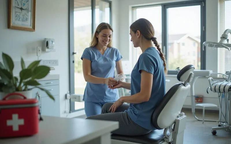 A person applying a cold compress to their cheek while holding their phone to call a dental clinic