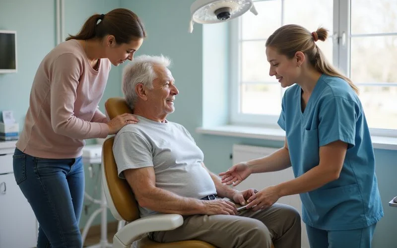 An adult child helping an elderly parent get ready for a dental appointment