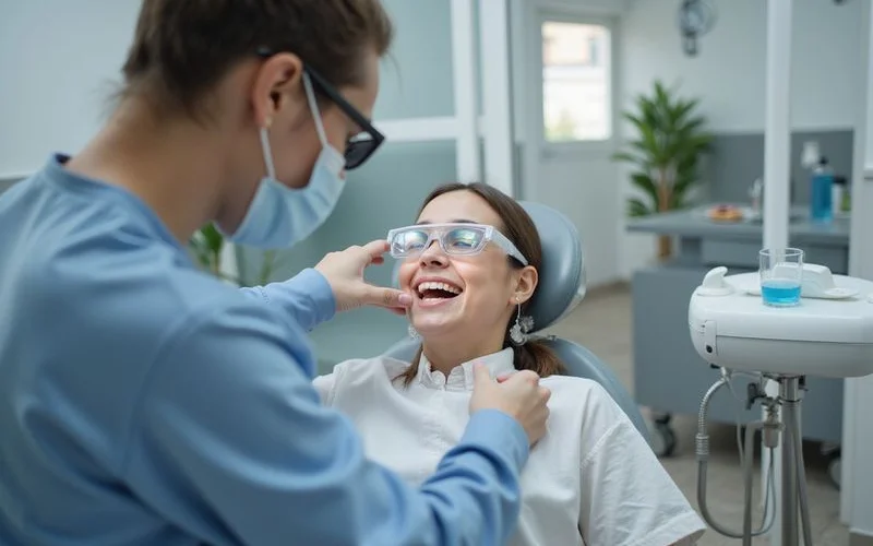 A dentist applying a protective barrier to a patient's gums before a professional teeth whitening treatment