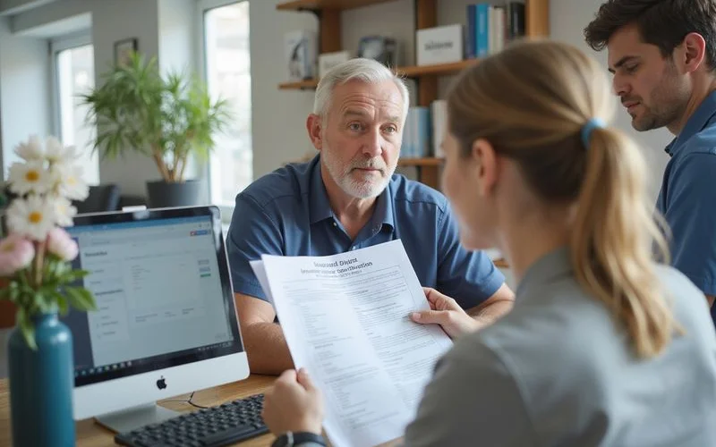 A patient and clinic staff member reviewing an insurance and payment breakdown document together