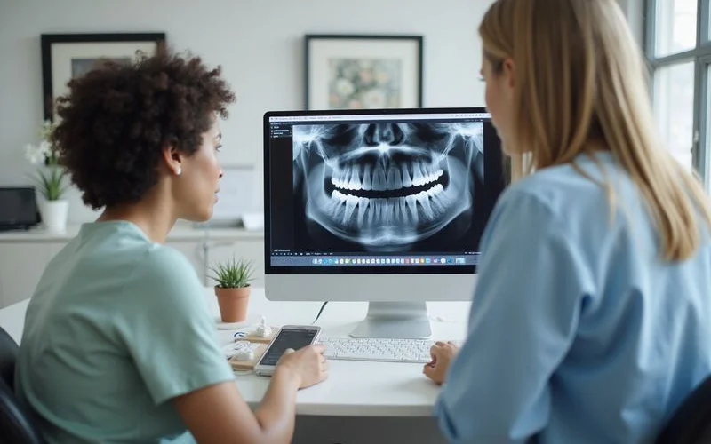 A dental x-ray image being reviewed on a screen to plan implant placement