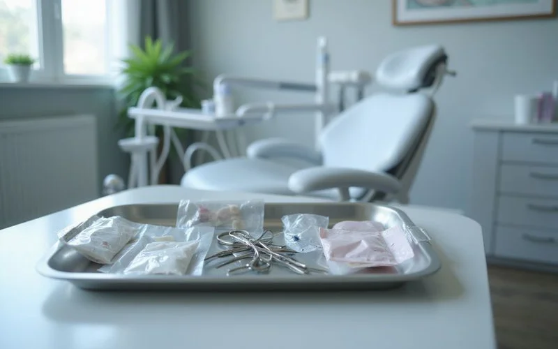 Sterilized dental instruments in sealed sterile packaging laid out on a clean tray before a procedure