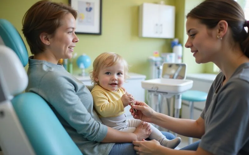 A toddler having a gentle first dental checkup while a parent sits close by