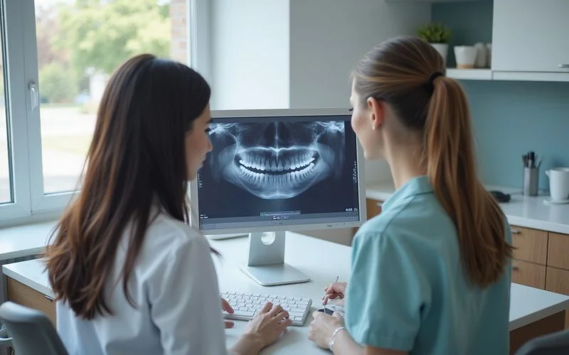 An x-ray image showing the position of a wisdom tooth at the back of the jaw being reviewed by a dentist